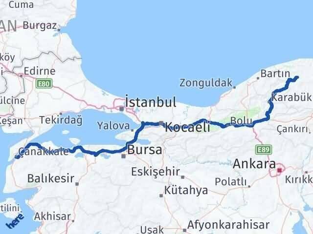 Çanakkale Azdavay Kastamonu Arası Kaç Km - Yol Haritası