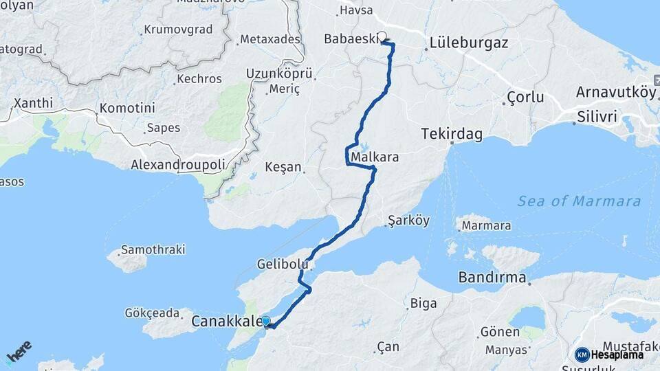 Çanakkale Babaeski Kırklareli Arası Kaç Km - Yol Haritası