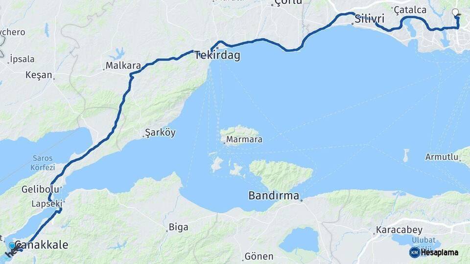 Çanakkale Başakşehir İstanbul Arası Kaç Km - Yol Haritası