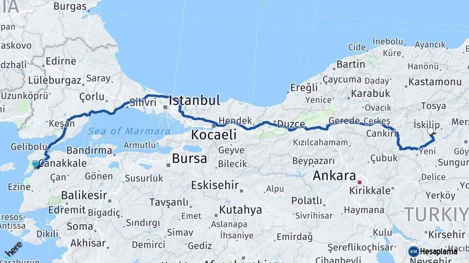 Çanakkale Bayat Çorum Arası Kaç Km - Yol Haritası