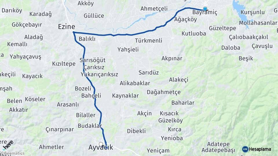 Çanakkale Bayramiç Ayvacık Arası Kaç Km - Yol Haritası