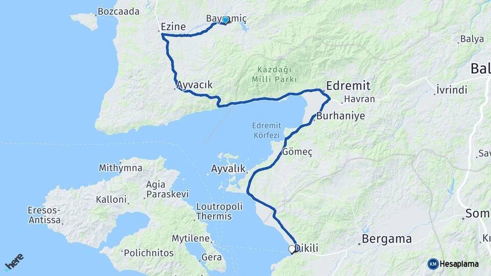Çanakkale Bayramiç Dikili İzmir Arası Kaç Km - Yol Haritası