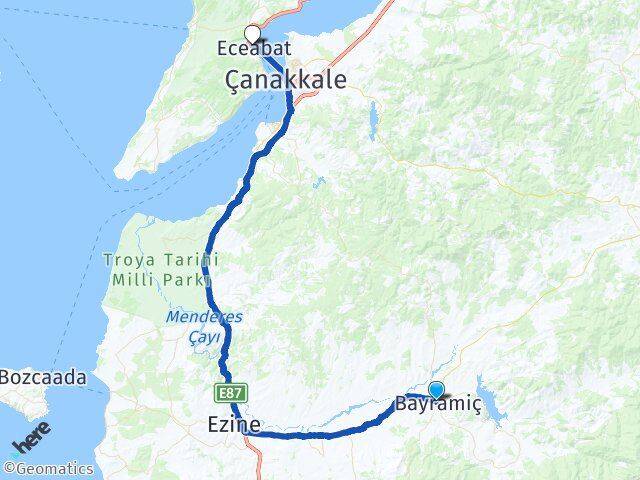 Çanakkale Bayramiç Eceabat Arası Kaç Km - Yol Haritası