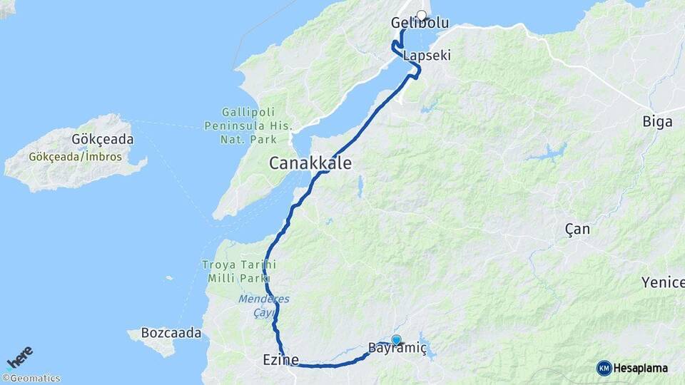 Çanakkale Bayramiç Gelibolu Arası Kaç Km - Yol Haritası