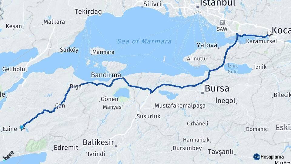Çanakkale Bayramiç Kocaeli Arası Kaç Km - Yol Haritası