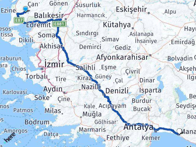 Çanakkale Bayramiç Manavgat Antalya Arası Kaç Km - Yol Haritası