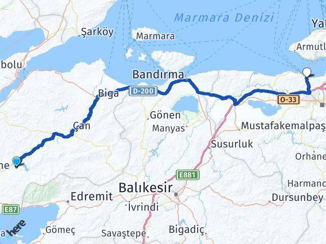 Çanakkale Bayramiç Mudanya Bursa Arası Kaç Km - Yol Haritası