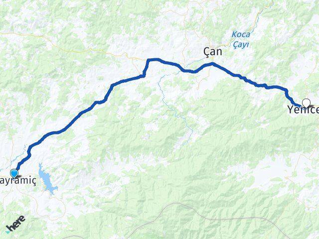 Çanakkale Bayramiç Yenice Arası Kaç Km - Yol Haritası
