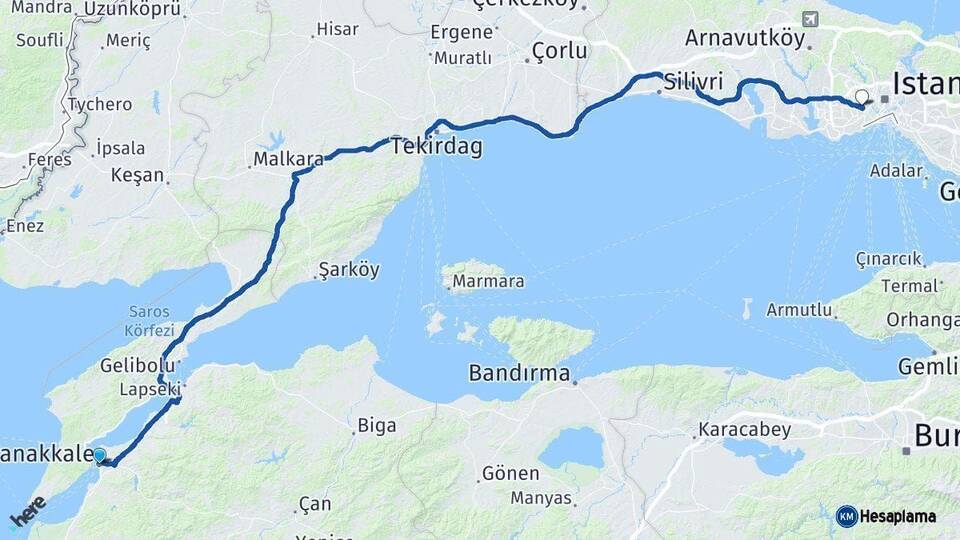 Çanakkale Bayrampaşa İstanbul Arası Kaç Km - Yol Haritası