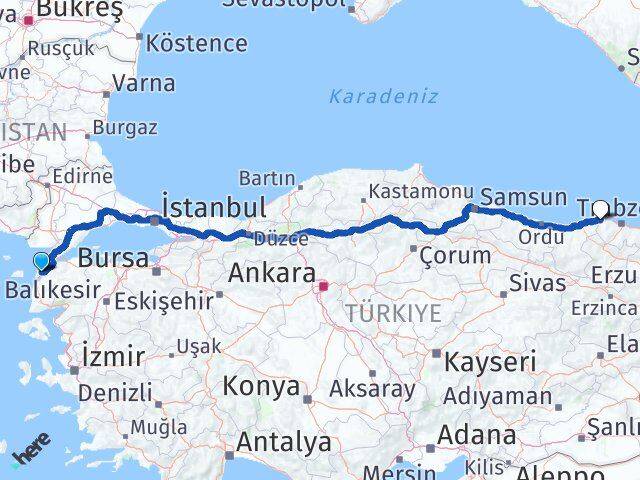 Çanakkale Beşikdüzü Trabzon Arası Kaç Km - Yol Haritası