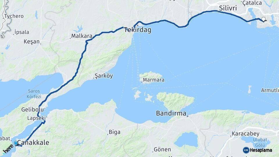 Çanakkale Beylikdüzü İstanbul Arası Kaç Km - Yol Haritası
