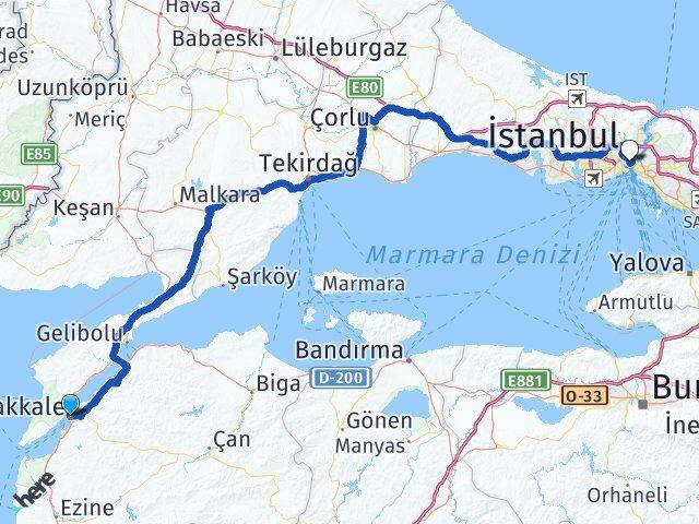 Çanakkale Beyoğlu İstanbul Arası Kaç Km - Yol Haritası
