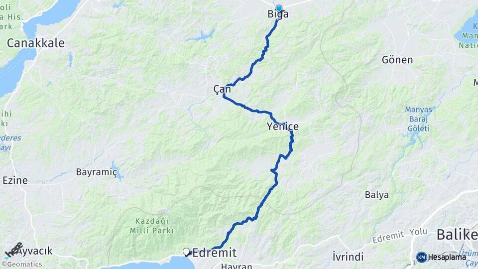 Çanakkale Biga Akçay Edremit Balıkesir Arası Kaç Km - Yol Haritası