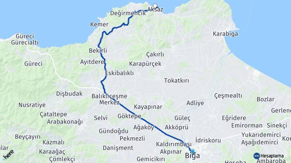 Çanakkale Biga Aksaz Biga Arası Kaç Km - Yol Haritası