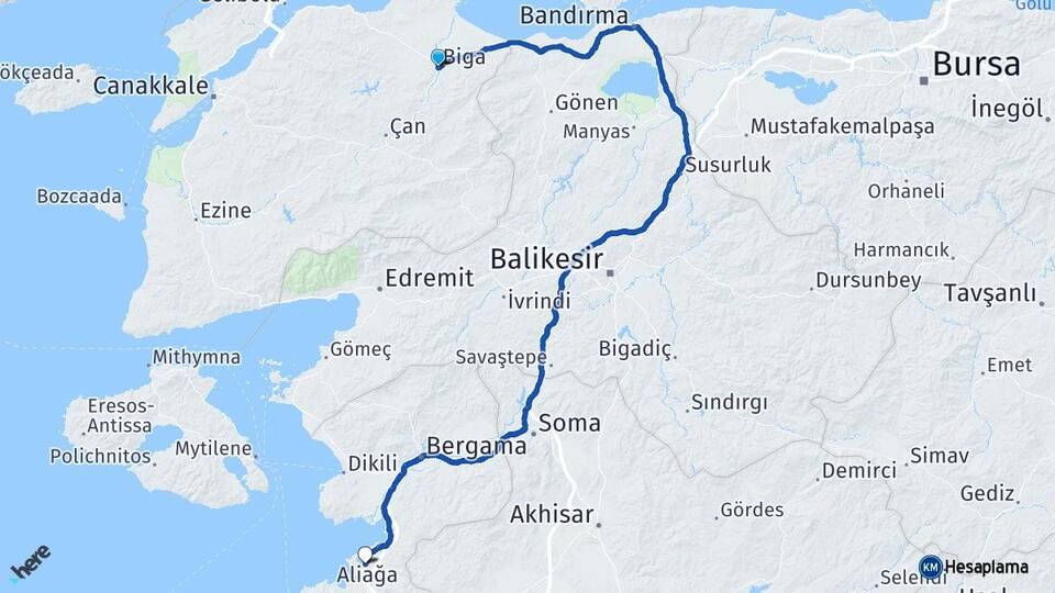 Çanakkale Biga Aliağa İzmir Arası Kaç Km - Yol Haritası