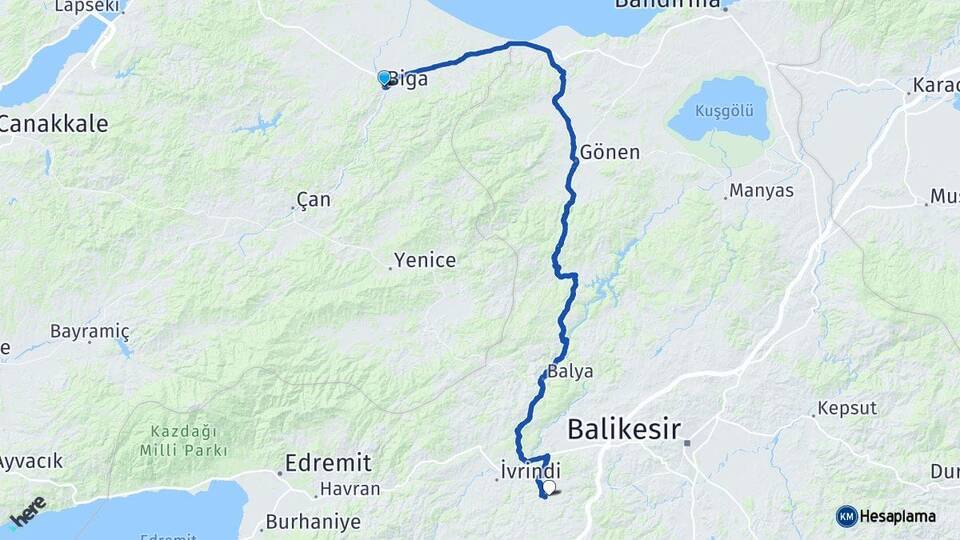 Çanakkale Biga Altıeylül Balıkesir Arası Kaç Km - Yol Haritası
