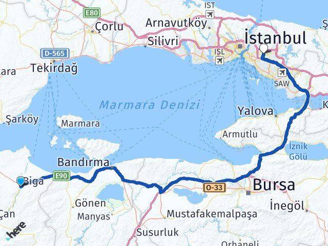 Çanakkale Biga Aşağı Dudullu Ümraniye İstanbul Arası Kaç Km - Yol Haritası