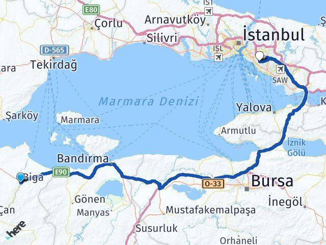 Çanakkale Biga Başıbüyük Maltepe İstanbul Arası Kaç Km - Yol Haritası