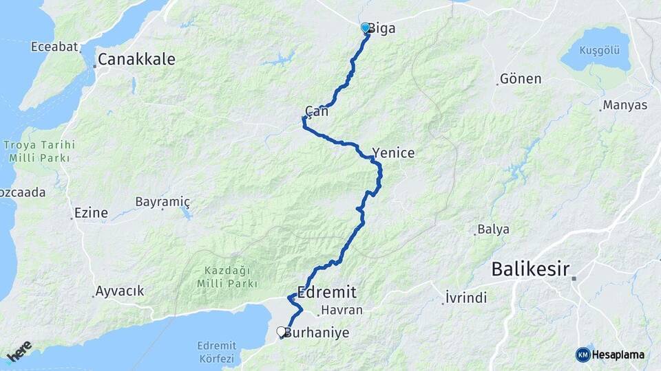 Çanakkale Biga Burhaniye Balıkesir Arası Kaç Km - Yol Haritası