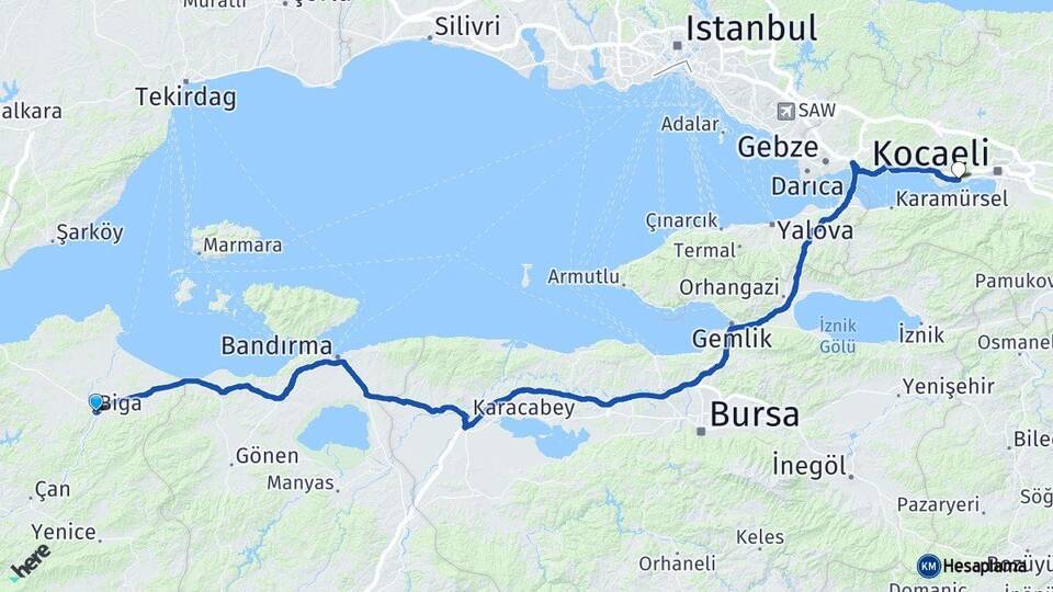 Çanakkale Biga Derince Kocaeli Arası Kaç Km - Yol Haritası