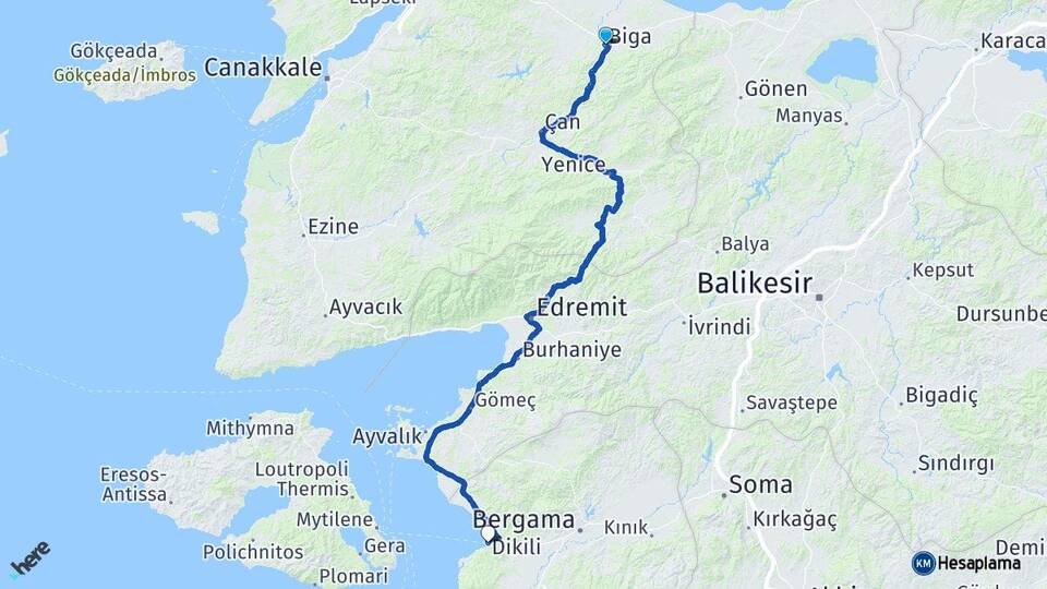 Çanakkale Biga Dikili İzmir Arası Kaç Km - Yol Haritası