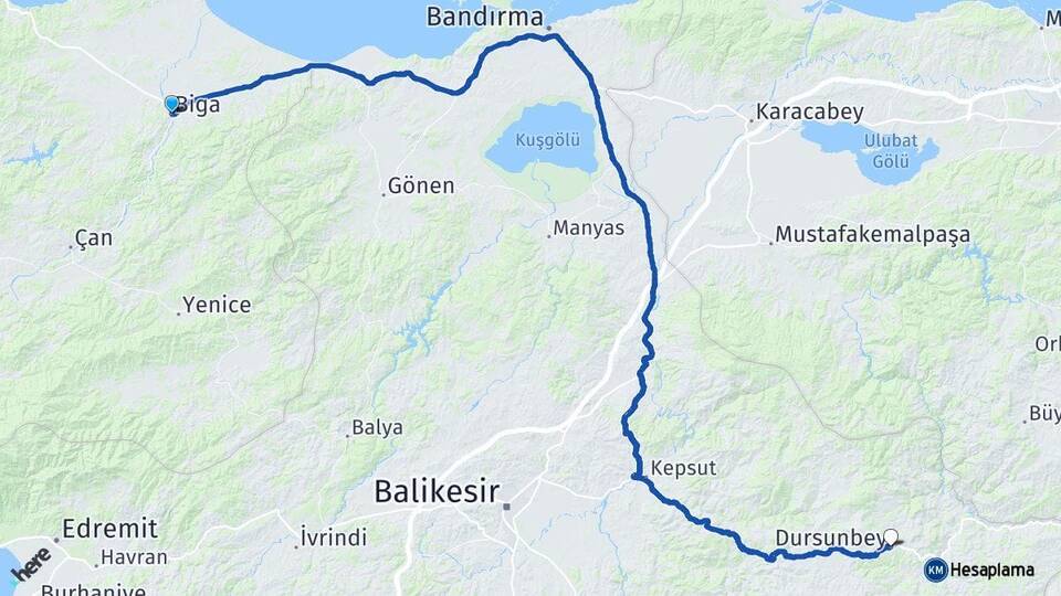 Çanakkale Biga Dursunbey Balıkesir Arası Kaç Km - Yol Haritası