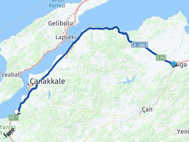 Çanakkale Biga Erenköy Arası Kaç Km - Yol Haritası