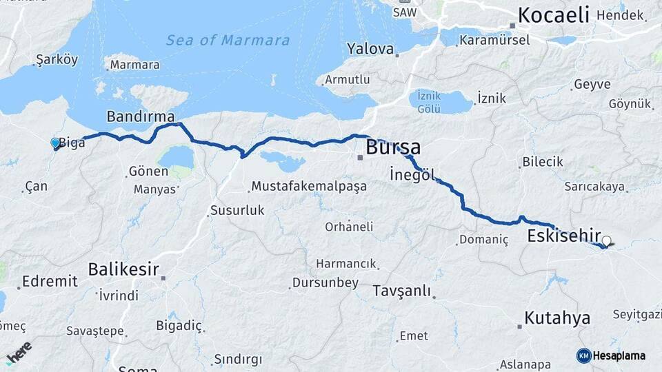 Çanakkale Biga Eskişehir Arası Kaç Km - Yol Haritası