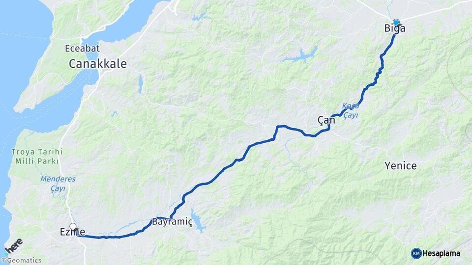 Çanakkale Biga Ezine Arası Kaç Km - Yol Haritası