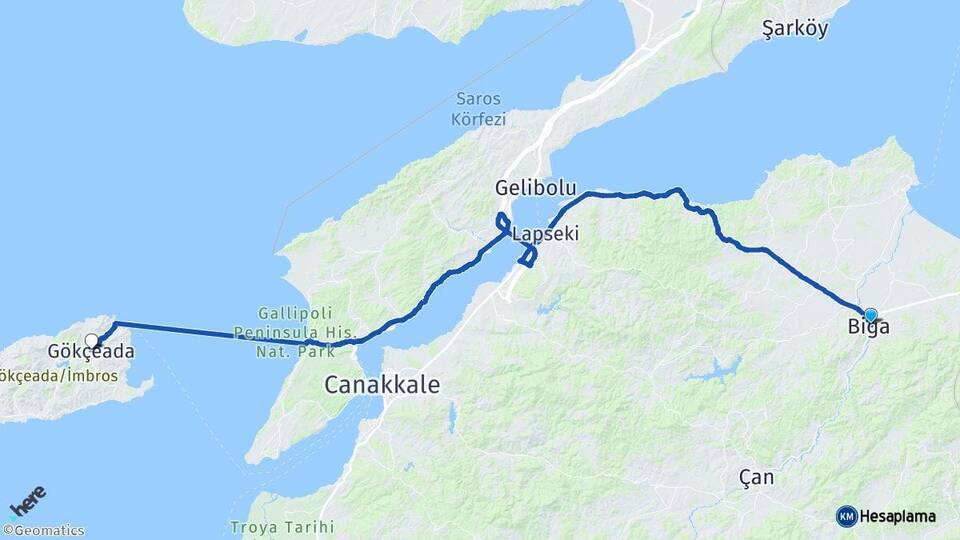 Çanakkale Biga Gökçeada Arası Kaç Km - Yol Haritası