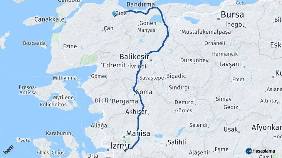 Çanakkale Biga Kemalpaşa İzmir Arası Kaç Km - Yol Haritası