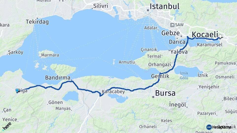 Çanakkale Biga Kocaeli Arası Kaç Km - Yol Haritası