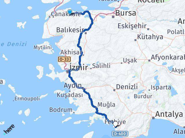 Çanakkale Biga Ölüdeniz Fethiye Muğla Arası Kaç Km - Yol Haritası