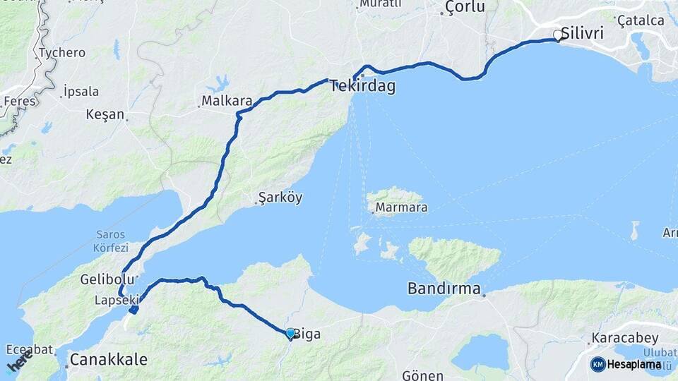 Çanakkale Biga Silivri İstanbul Arası Kaç Km - Yol Haritası