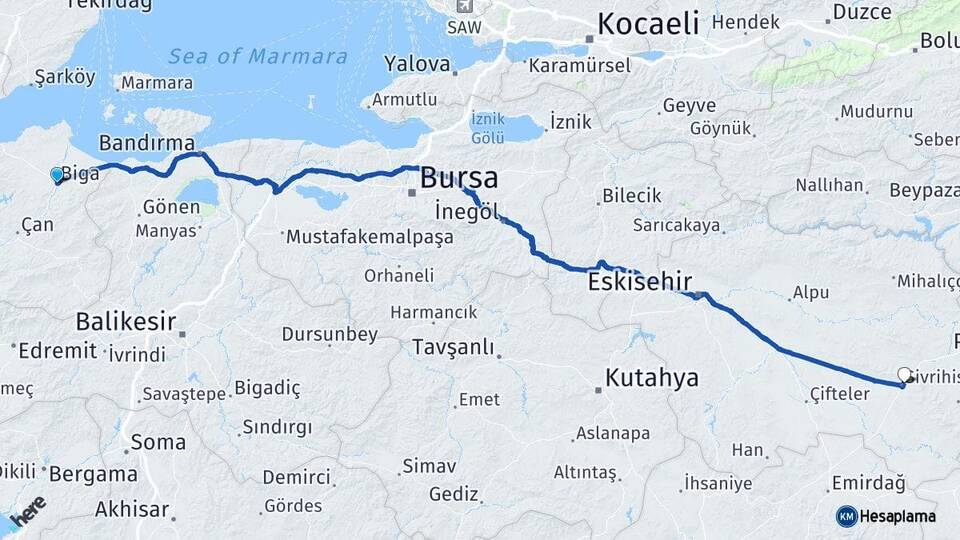 Çanakkale Biga Sivrihisar Eskişehir Arası Kaç Km - Yol Haritası