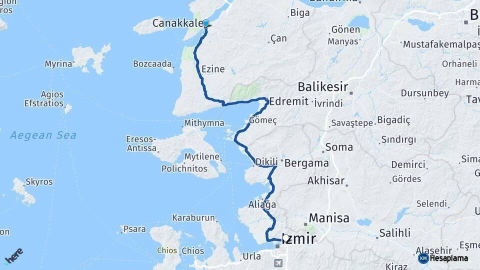 Çanakkale Bornova İzmir Arası Kaç Km - Yol Haritası