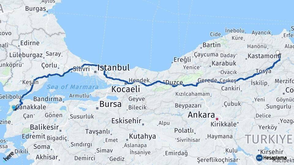 Çanakkale Boyabat Sinop Arası Kaç Km - Yol Haritası