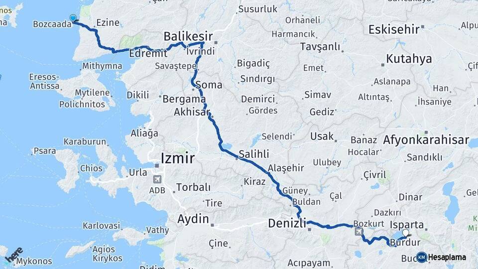 Çanakkale Bozcaada Burdur Arası Kaç Km - Yol Haritası