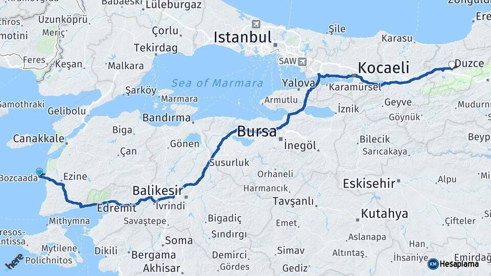 Çanakkale Bozcaada Düzce Arası Kaç Km - Yol Haritası