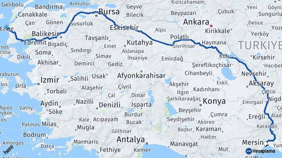 Çanakkale Bozcaada Mersin Arası Kaç Km - Yol Haritası