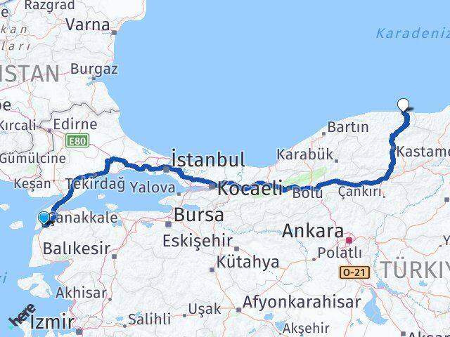 Çanakkale Bozkurt Kastamonu Arası Kaç Km - Yol Haritası