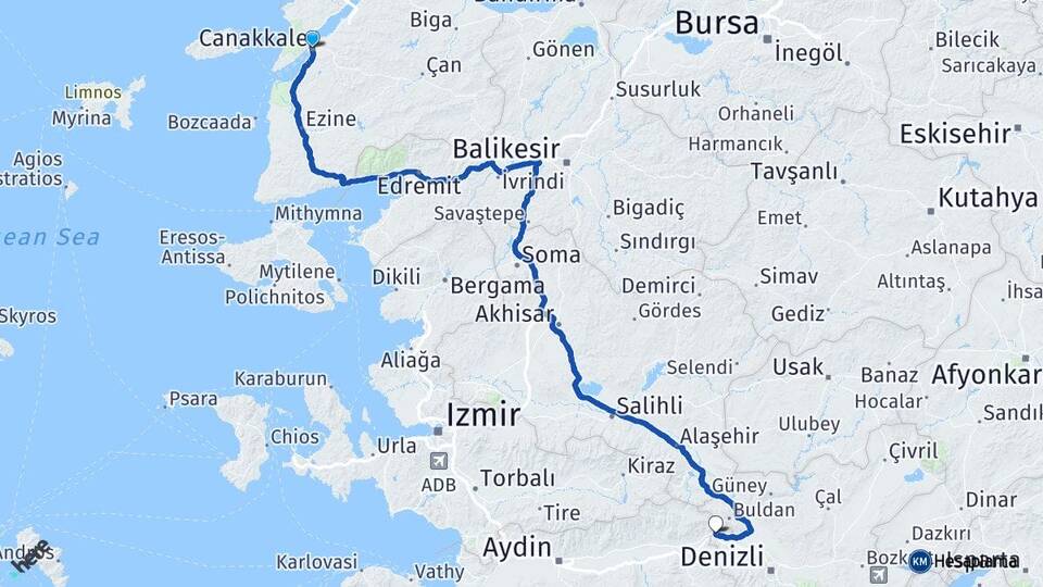 Çanakkale Buharkent Aydın Arası Kaç Km - Yol Haritası