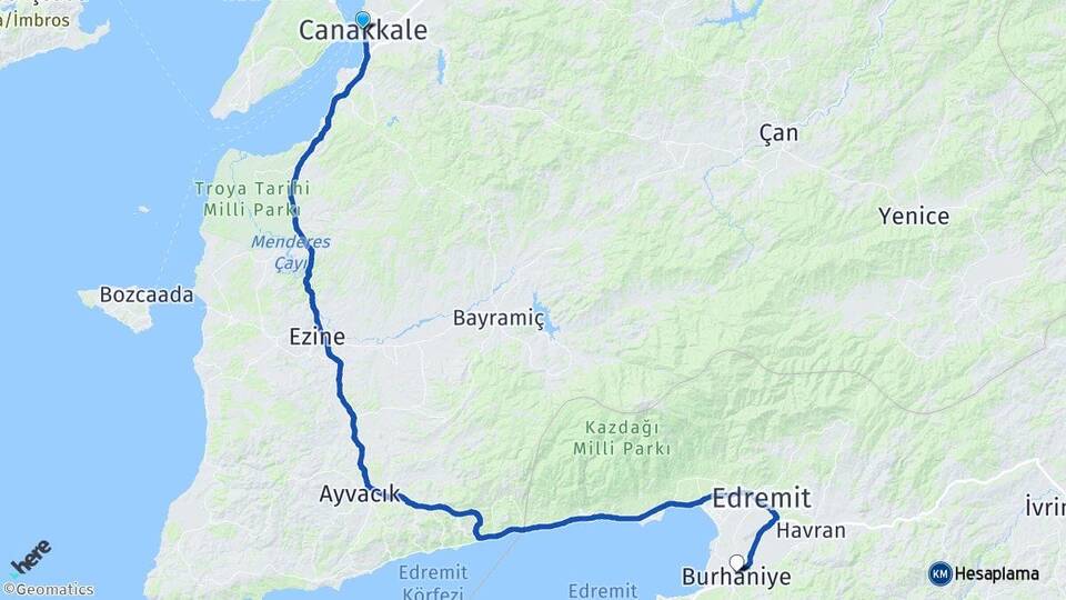 Çanakkale Burhaniye Balıkesir Arası Kaç Km - Yol Haritası