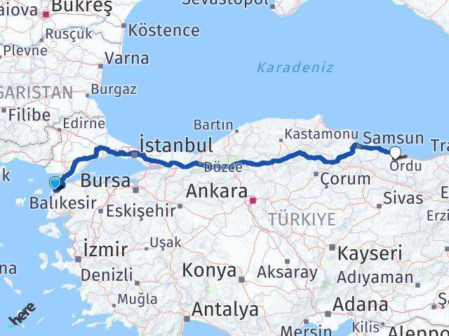 Çanakkale Çamaş Ordu Arası Kaç Km - Yol Haritası
