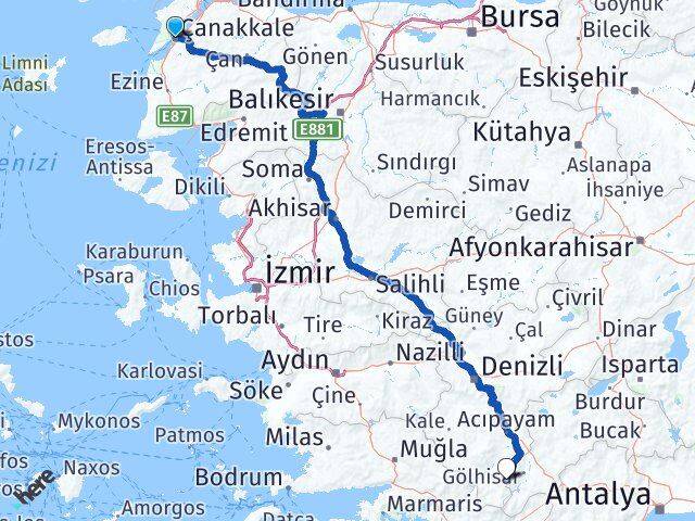 Çanakkale Çameli Denizli Arası Kaç Km - Yol Haritası