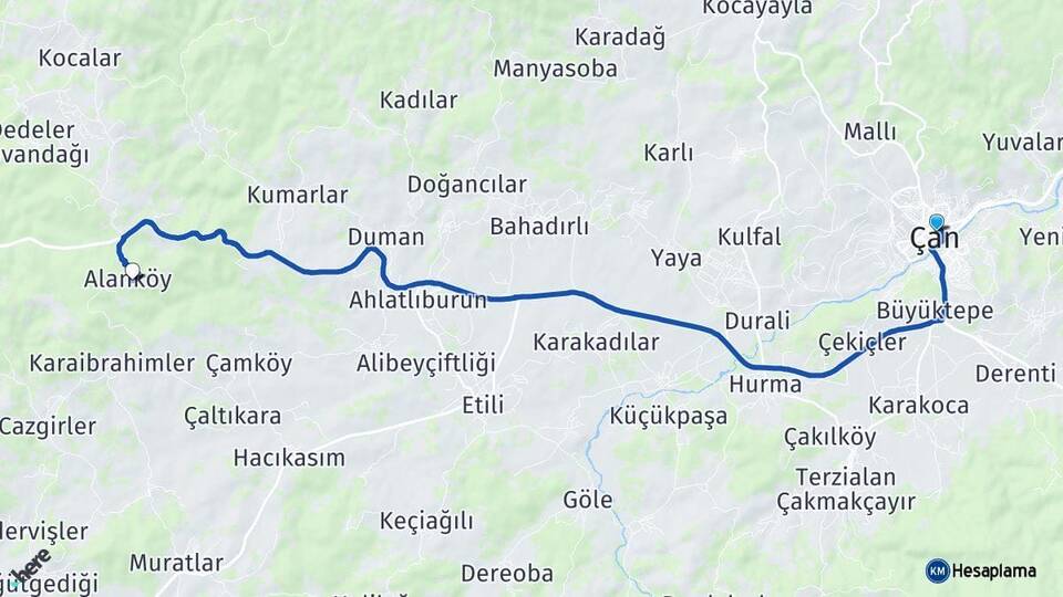 Çanakkale Çan Alanköy Arası Kaç Km - Yol Haritası