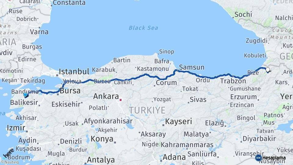 Çanakkale Çan Artvin Arası Kaç Km - Yol Haritası