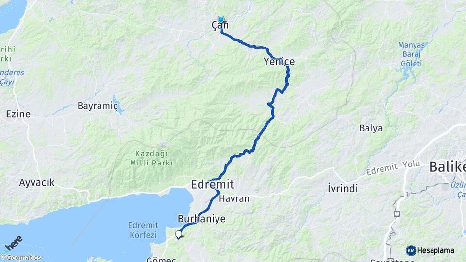Çanakkale Çan Pelitköy Burhaniye Balıkesir Arası Kaç Km - Yol Haritası