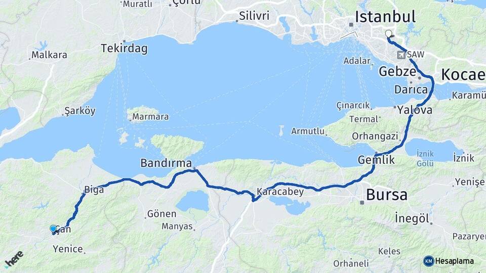 Çanakkale Çan Samandıra Sancaktepe İstanbul Arası Kaç Km - Yol Haritası