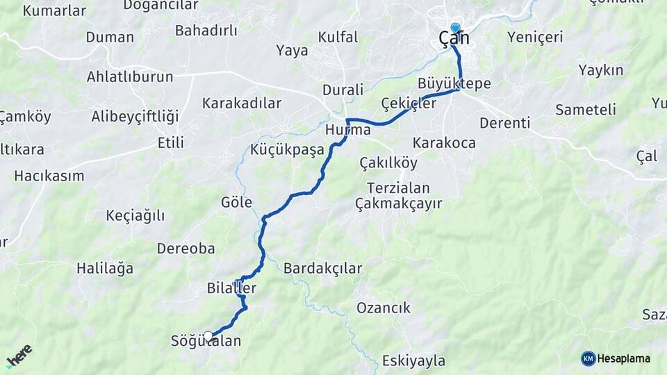 Çanakkale Çan Söğütalan Çan Arası Kaç Km - Yol Haritası